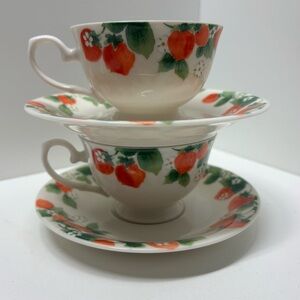 Set of two ceramic teacups with saucers: JP Lucien Chiffon strawberries pattern